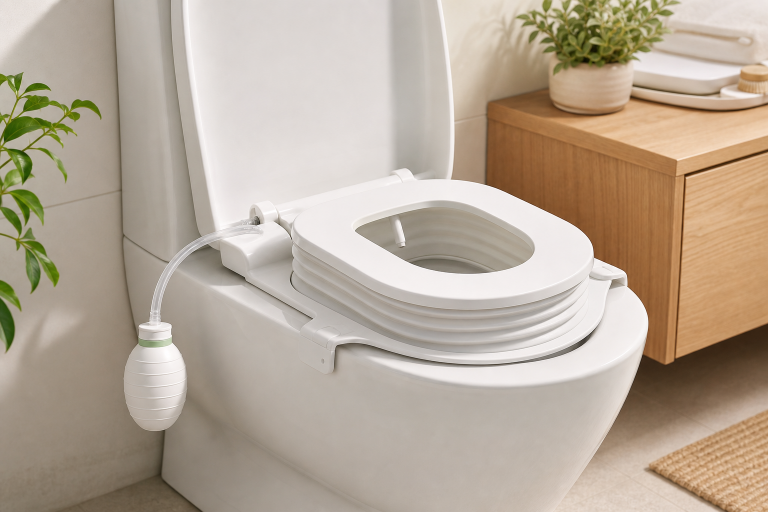 AquaPure összecsukható bidet ülőke WC-n, világos fürdőszobában