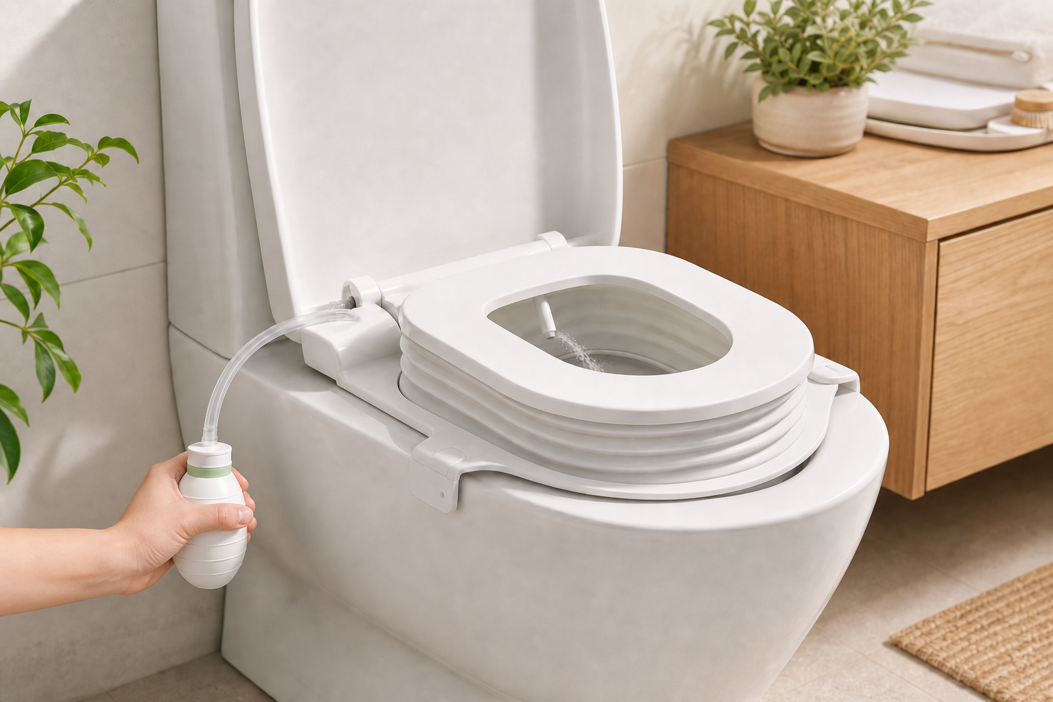 AquaPure használat közben — finom vízáram a kézi pumpából